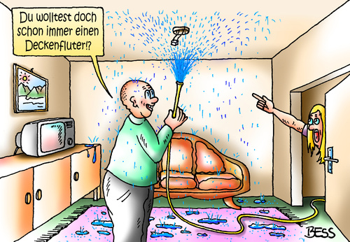 Cartoon: Deckenfluter (medium) by besscartoon tagged mann,frau,ehe,beziehung,wohnen,lampe,licht,wasser,schlauch,deckenfluter,bess,besscartoon