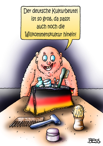 Cartoon: Deutscher Kulturbeutel (medium) by besscartoon tagged deutsch,kultur,kulturbeutel,willkommenskultur,asyl,asylanten,syrien,politik,bess,besscartoon
