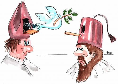 Cartoon: Friedenstaube (medium) by besscartoon tagged kirche,bess,religion,frieden,taube,besscartoon,islam,pfarrer,friedenstaube