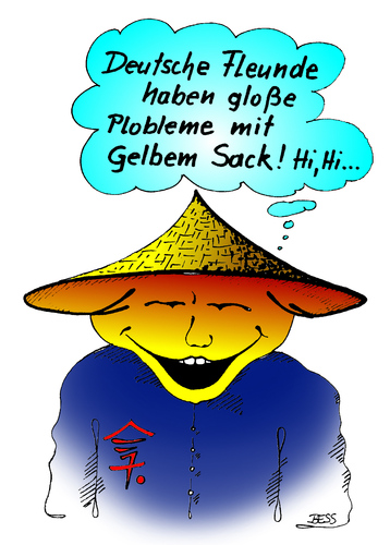 Cartoon: Gelber Sack (medium) by besscartoon tagged müllentsorgung,müll,sack,gelber,chinese,arbeit,genitalien,bess,besscartoon