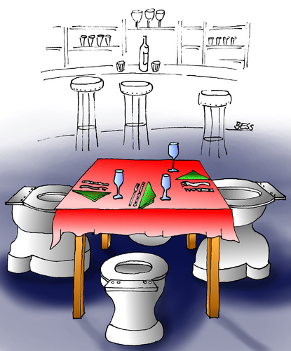 Cartoon: Mahlzeit (medium) by besscartoon tagged essen,restaurant,bulimie,wc,toilette,kotzen,bess,besscartoon