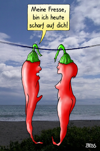 Cartoon: Scharf-Macher (medium) by besscartoon tagged mann,frau,peperoni,scharf,peperoncini,beziehung,liebe,sexualität,bess,besscartoon