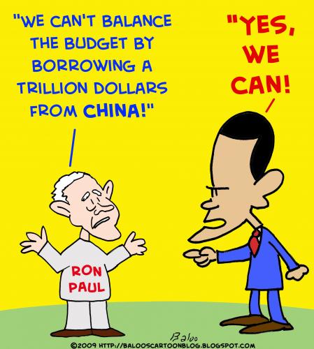 Cartoon: 1 OBAMA RON PAUL BALANCE BUDGET (medium) by rmay tagged obama,ron,paul,balance,budget