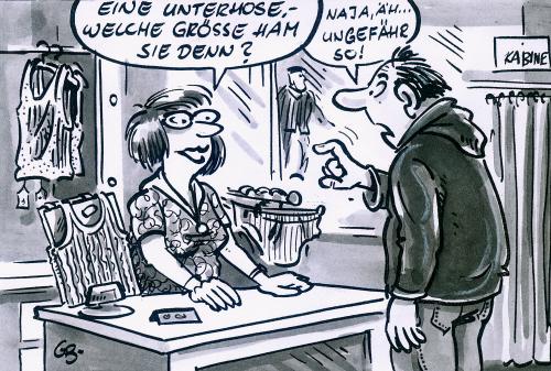 Cartoon: ... (medium) by GB tagged mann,frau,kleidung,größe,potenz,mama,mann,frau,kleidung,verkäuferin,kunde,laden,shop,männlichkeit,sexualität,größe,potenz,intimbereich,glied,genitalien,penis,geschlechtsteil,geschlechtsorgane,missverständnis,länge,unterhose,hose,unterwäsche,einkaufen,textilien,selbstvertrauen,minderwertigkeitskomplex,notfall,selbstbewußtsein,peinlichkeit,vertraulichkeit,scham,frustration,verpaßte chance,indiskret,indiskretion,wahrheit,ehrlichkeit,mangelndes,verpaßte,chance