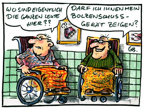 Cartoon: Altersheim der Fleischerinnung (medium) by GB tagged vegetarier,fleischer,metzger,wurst,fleisch,beschäftigung,rentner,altersheim,senioren,rentner,alter,ältere,altersversorgung,altersvorsorge,gebrechen,gebrechlich,großeltern,lebensabend,lebensabschnitt,oma,opa,pension,pensionär,pflege,rente,rente gehen,rentenempfänger,rentenversicherung,rentnerin,ruhestand,ruhegeld,altersheim,heim,pflegeheim,beschäftigung,arbeit,job,karriere,metzger,fleischer,vegetarier,bolzenschussgerät,werkzeug,gerät,metzgerei,senioren,gehen