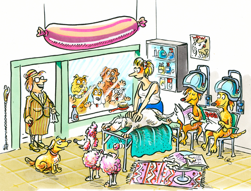 Cartoon: dog parlour (medium) by GB tagged hunde,salon,tiere,animals,wellness,schönheit,massage,dauerwelle,shop,dog,hunde,salon,hund,tier,tiere,wellness,schönheit,massage,dauerwelle,shop,beauty,friseur,luxus