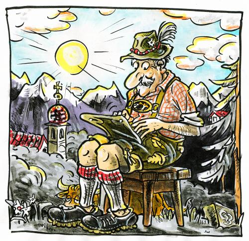 Cartoon: Laptop und Lederhose (medium) by GB tagged technologie,laptop,tradition,tracht,dirndl,haferlschuhe,berge,alpen,gebirge,meschäft,arbeit,monitor,technologie,technik,fortschritt,entwicklung,laptop,notebook,computer,pc,rechner,lederhose,dirndl,tracht,tradition,haferlschuhe,berge,gebirge,meschäft,arbeit,monitor,praktisch,funktionalität,funktional,produkt,produktdesign,kleidung,klamotten,outfit,arbeitskleidung,internet,www,online,schoß,sitzen