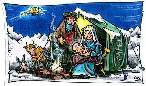 Cartoon: weihnachten (medium) by GB tagged notunterkunft,asyl,familie,heilige,josef,maria,christkind,nikolaus,weihnachtsmann,christmas,weihnachten,weihnachten,nikolaus,christkind,maria,josef,weihnachtsmann,kultur,bibel,tradition,religion,jesus christus,jesus,christus