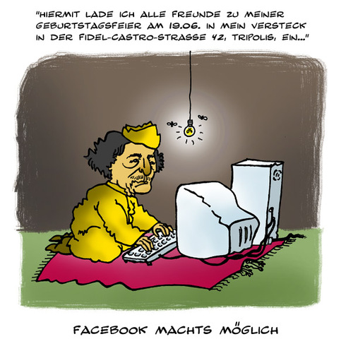 Cartoon: Facebook machts möglich (medium) by Mario Schuster tagged karikatur,cartoon,mario,schuster,gaddafi,facebook