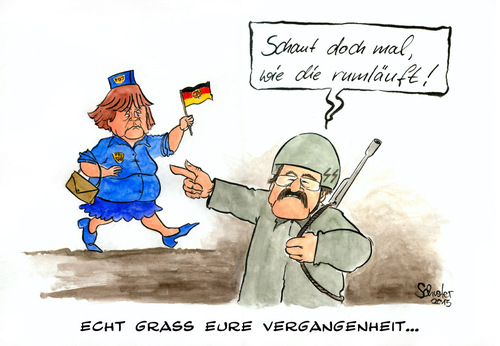 Cartoon: Günter Grass und Angela Merkel (medium) by Mario Schuster tagged karikatur,cartoon,mario,schuster,angela,merkel,günter,grass,fdj,ddr,deutschland