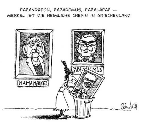 Cartoon: Papandreou Papademus Papalap (medium) by Mario Schuster tagged mario,schuster,karikatur,cartoon,papandreou,papademus,merkel,griechenland,euro