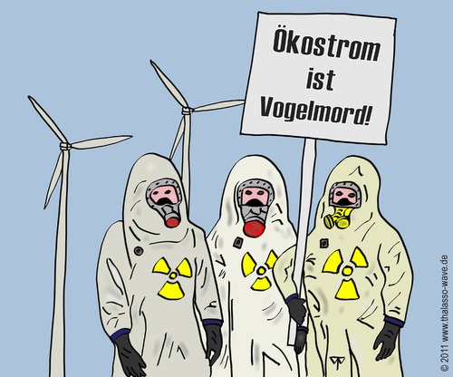 Cartoon: Die Besorgten (medium) by thalasso tagged ökostrom,akw,kernenergie,gau,supergau,japan,fukushima,besorgnis,demonstranten,schutzanzug,vogelmord,windkraft,umweltschutz