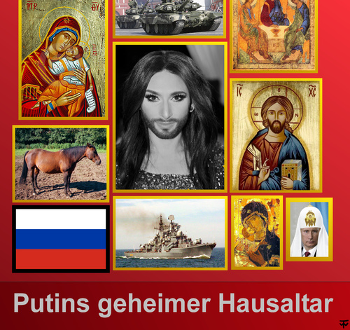 Cartoon: Putins secret family altar (medium) by thalasso tagged russia,putin,conchita,wurst,esc,believe,peace,freedom,gay