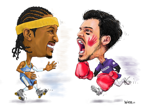 Cartoon: Anthony vs Arenado Brawl (medium) by karlwimer tagged basketball,baseball,brawling,fighting,sports,rockies,nuggets