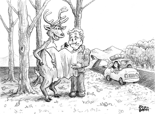 Cartoon: Autumn Directions (medium) by karlwimer tagged cartoon,caption,deer,car,directions,map,travel,excursion