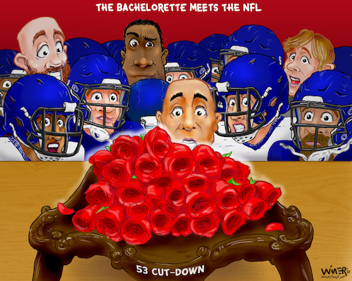 Cartoon: Bachelorette Meets NFL (medium) by karlwimer tagged sports,cartoon,karl,wimer,nfl,american,football,bachelorette,tv,layoffs,cutdowns