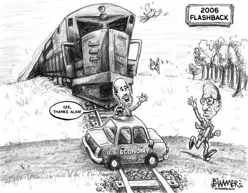 Cartoon: Bernanke Flashback (medium) by karlwimer tagged bernanke,greenspan,economy,us,fed,train,car