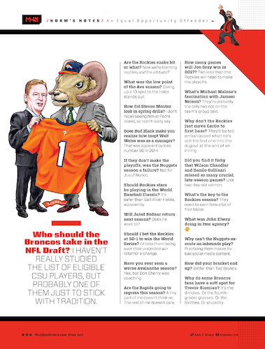 Cartoon: Broncos Draft (medium) by karlwimer tagged nfl,football,denver,broncos,csu,draft,goodell,rams,sports