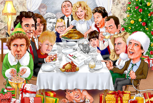 Cartoon: Christmas ClassicRockwell Mashup (medium) by karlwimer tagged christmas,cartoon,movie,characters,norman,rockwell,will,ferrell,elf,scrooged,home,alone,wonderful,life,story,santa,clause,vacation,bruce,willis,die,hard,humor,festive,holiday,cheer