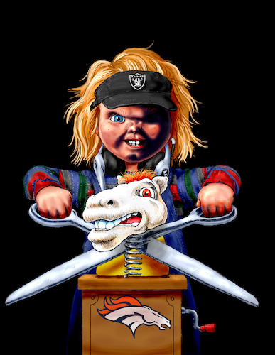 Cartoon: Chucky Gruden Fright Football (medium) by karlwimer tagged sports,american,football,chucky,jon,gruden,oakland,raiders,denver,broncos