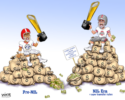 Cartoon: College Football NIL Difference (medium) by karlwimer tagged ncaa,college,football,usa,ohio,state,nil