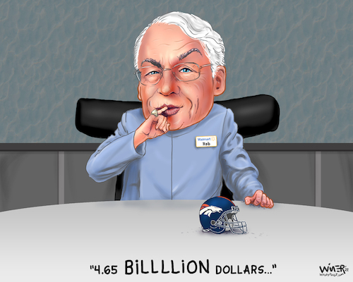 Cartoon: Denver Broncos Sale to Dr Evil (medium) by karlwimer tagged sports,cartoon,karl,wimer,karlwimer,denver,broncos,usa,football,nfl,dr,evil,walmart,rob,walton,franchise,sale