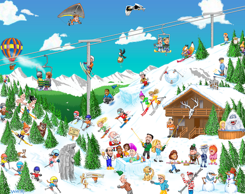 Cartoon: Holiday Ski Mountain Cartoon (medium) by karlwimer tagged cartoon,snow,sports,ski,skiing,snowboard,snowboarding,holiday,rankin,bass,nudist,santa,claus,shot,apres,karl,wimer,christmas