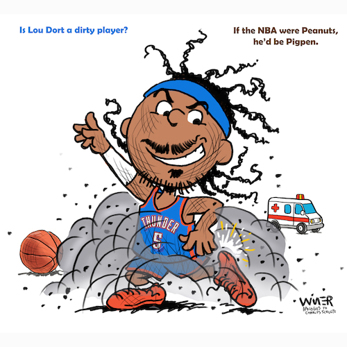 Cartoon: Lou Pigpen Dort NBA (medium) by karlwimer tagged basketball,nba,oklahoma,city,thunder,lou,dort,unsportmanlike