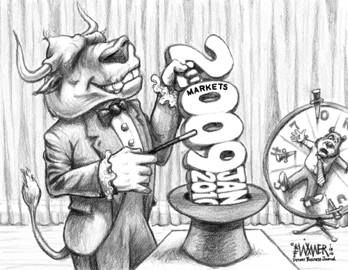 Cartoon: Market Magic (medium) by karlwimer tagged stockmarket,markets,business,economy,bull,bear,magic,magician,hat,2009,2010