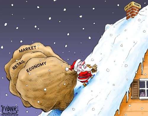 Cartoon: Santa Ascent (medium) by karlwimer tagged santa,business,economy,market,stockmarket,retail,christmas,karlwimer,rooftop