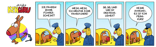 Cartoon: KenGuru Fahrschul - Fernkurs (medium) by droigks tagged fernlehrgang,fernstudium,fahrschule,fahrschüler,droigks,känguru,polizei,stop,kontrolle,verkehr,lappen,ausweis,fahrerlaubnis,ausrede,fernlehrgang,fernstudium,fahrschule,fahrschüler,droigks,känguru,polizei,stop,kontrolle,verkehr,lappen,ausweis,fahrerlaubnis,ausrede