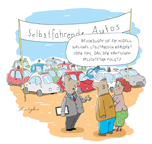 Cartoon: selbstfahrende Autos kaufen (medium) by droigks tagged ethik,selbstfahrendes,auto,pflichtkollision,kantsche,pflichtethik,kategorischer,imperativ,utilitarismus,utilitarisch,mill,entscheidungsfindung,trolley,problem,moral,philosophie,autokauf,zukunft,autonom,nutzen,gesetz,ethik,selbstfahrendes,auto,pflichtkollision,kantsche,pflichtethik,kategorischer,imperativ,utilitarismus,utilitarisch,mill,entscheidungsfindung,trolley,problem,moral,philosophie,autokauf,zukunft,autonom,nutzen,gesetz