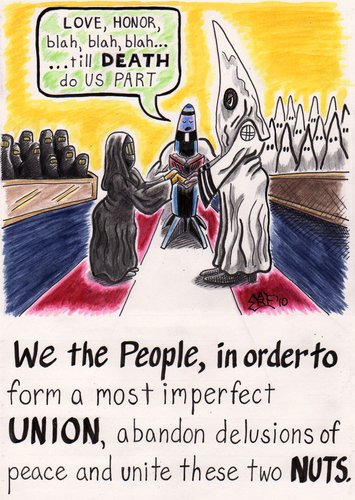 Cartoon: Marriage of the Misled (medium) by Tzod Earf tagged marriage,hood,rats,missle,missal,vows,burkas,kkk,red,yellow,blue,brown,green,preamble,union,nuts