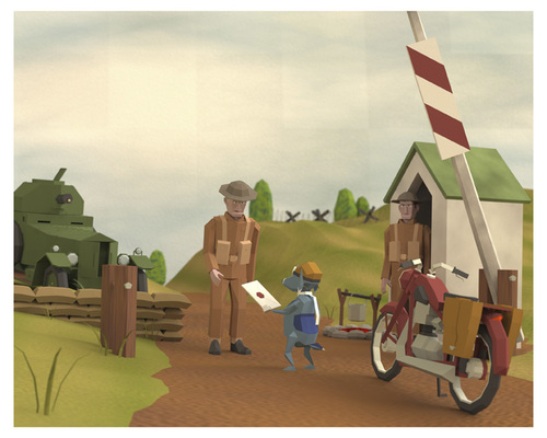 Cartoon: Deliver (medium) by birdbee tagged deliver,3d,lowpoly,checkpoint,war,motorcycle,dog,messenger