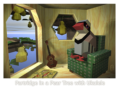 Cartoon: Partridge in a Pear Tree with Uk (medium) by birdbee tagged partridge,pear,tree,uke,ukulele,3d