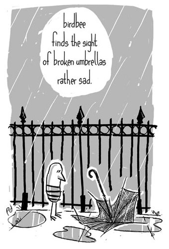 Cartoon: umbrella (medium) by birdbee tagged birdbee,umbrella,rain,fence,broken