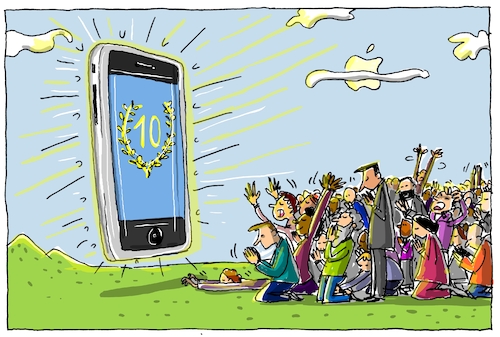 Cartoon: 10 jahre iphone (medium) by leopold maurer tagged iphone,apple,zehn,jahre,jubiläum,smartphone,technik,ekstase,religion,veränderung,anbetung,technikverliebtheit,app,gadget,iphone,apple,zehn,jahre,jubiläum,smartphone,technik,ekstase,religion,veränderung,anbetung,technikverliebtheit,app,gadget