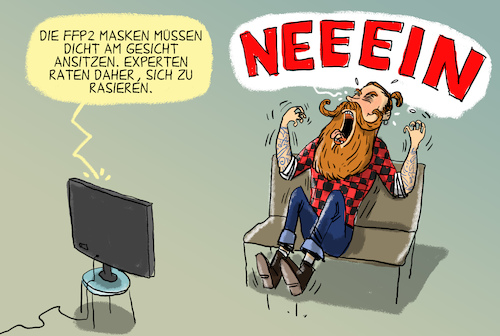 Cartoon: Bart ab bei FFP2 Maske (medium) by leopold maurer tagged fp2,maske,corona,covid,dicht,verwendung,rasur,hipster,bartmode,ende,fp2,maske,corona,covid,dicht,verwendung,rasur,hipster,bartmode,ende