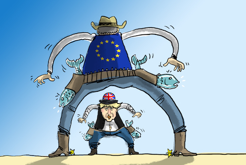 Cartoon: Brexit High Noon (medium) by leopold maurer tagged brexit,johnson,verhandlungen,eu,fischerei,fisch,high,noon,ende,brexit,johnson,verhandlungen,eu,fischerei,fisch,high,noon,ende