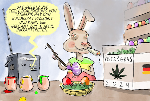 Cartoon: Bundesrat billigt Cannabisgesetz (medium) by leopold maurer tagged bundesrat,deutschland,gesetz,cannabis,teillegalisierung,radio,osterhase,kiffen,hanf,ostergras,gras,eier,bekifft,legal,social,club,sozial,ampel,grüne,spd,fdp,lauterbach,ostern,leopold,maurer,karikatur,cartoon,bundesrat,deutschland,gesetz,cannabis,teillegalisierung,radio,osterhase,kiffen,hanf,ostergras,gras,eier,bekifft,legal,social,club,sozial,ampel,grüne,spd,fdp,lauterbach,ostern,leopold,maurer,karikatur,cartoon