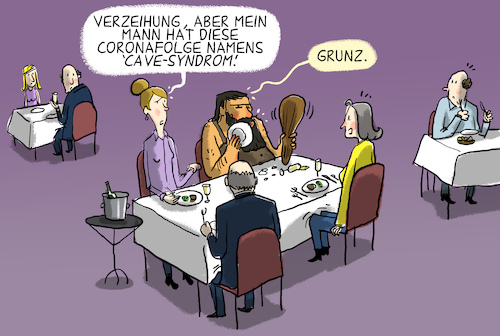 Cartoon: Cave Syndrom (medium) by leopold maurer tagged cave,syndrom,corona,covid,rückzug,asozial,verhalten,post,nach,pandemie,lockdown,normalität,lockerungen,cave,syndrom,corona,covid,rückzug,asozial,verhalten,post,nach,pandemie,lockdown,normalität,lockerungen