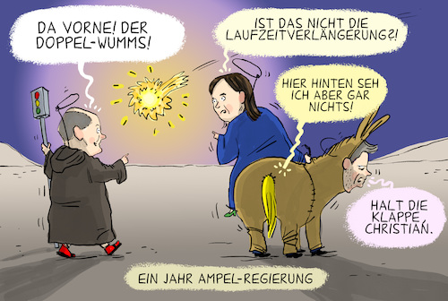 Cartoon: Ein Jahr Ampel (medium) by leopold maurer tagged ampel,regierung,koalition,deutschland,grüne,spd,fdp,scholz,baerbock,habeck,lindner,wumms,doppel,laufzeitverlängerung,jahr,ein,weihnachten,herbergssuche,maria,josef,esel,stern,leopold,maurer,cartoon,karikatur,ampel,regierung,koalition,deutschland,grüne,spd,fdp,scholz,baerbock,habeck,lindner,wumms,doppel,laufzeitverlängerung,jahr,ein,weihnachten,herbergssuche,maria,josef,esel,stern,leopold,maurer,cartoon,karikatur