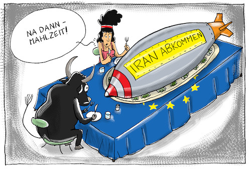 Cartoon: EU und Iran Abkommen (medium) by leopold maurer tagged eu,iran,abkommen,europa,stier,bombe,allein,usa,trump,ausstieg,atom,eu,iran,abkommen,europa,stier,bombe,allein,usa,trump,ausstieg,atom