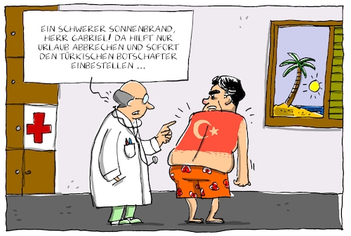 Cartoon: gabriel bricht urlaub ab (medium) by leopold maurer tagged gabriel,sigmar,aussenminister,türkei,inhaftierung,menschenrechtler,botschafter,einberufen,deutschland,krise,gabriel,sigmar,aussenminister,türkei,inhaftierung,menschenrechtler,botschafter,einberufen,deutschland,krise