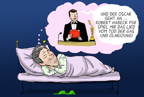 Cartoon: Habeck träumt vom Oscar (medium) by leopold maurer tagged habeck,robert,gruene,witschaftsminister,klimakrise,klimaschutz,klimawandel,fossil,heizung,energie,gas,oel,oscar,traum,preis,leopold,maurer,karikatur,cartoon,habeck,robert,gruene,witschaftsminister,klimakrise,klimaschutz,klimawandel,fossil,heizung,energie,gas,oel,oscar,traum,preis,leopold,maurer,karikatur,cartoon