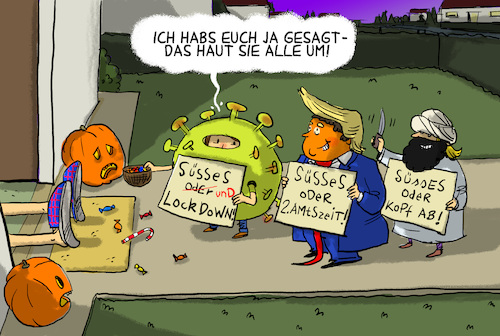 Cartoon: halloween 2020 (medium) by leopold maurer tagged halloween,2020,corona,covid,lockdown,terroristen,islamismus,anschläge,wahl,trump,usa,präsident,amtszeit,virus,horror,halloween,2020,corona,covid,lockdown,terroristen,islamismus,anschläge,wahl,trump,usa,präsident,amtszeit,virus,horror