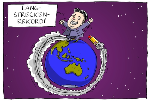 Cartoon: kim jong un langstreckenrekord (medium) by leopold maurer tagged kim,jong,un,rakete,raketentest,nordkorea,weltkugel,diktator,umkreisen,selbstzerstörung,eklat,uno,usa,trump,kim,jong,un,rakete,raketentest,nordkorea,weltkugel,diktator,umkreisen,selbstzerstörung,eklat,uno,usa,trump