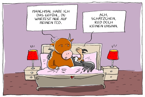 Cartoon: liebeszweifel (medium) by leopold maurer tagged beziehung,liebe,ehe,zweifel,tiere,kuh,geier,lüge,zweisamkeit,schlafzimmer,gespräch,beziehung,liebe,ehe,zweifel,tiere,kuh,geier,lüge,zweisamkeit,schlafzimmer,gespräch