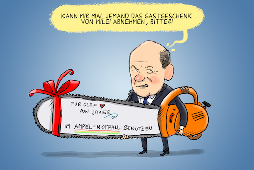 Cartoon: Milei trifft Scholz (medium) by leopold maurer tagged argentinien,präsident,javier,milei,deutschland,besuch,olaf,scholz,bundeskanzler,kettensäge,gastgeschenk,ampel,streit,spd,grüne,fdp,leopold,maurer,karikatur,cartoon,argentinien,präsident,javier,milei,deutschland,besuch,olaf,scholz,bundeskanzler,kettensäge,gastgeschenk,ampel,streit,spd,grüne,fdp,leopold,maurer,karikatur,cartoon