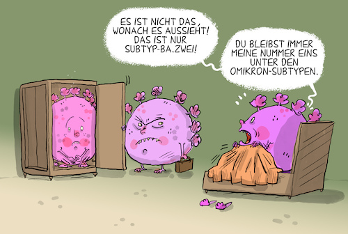 Cartoon: Omikron-Subtyp BA2 Ausbreitung (medium) by leopold maurer tagged omikron,subtyp,ba1,ba2,virus,ausbreitung,mutation,ansteckung,infektion,pandemie,corona,covid,impfung,booster,leopold,maurer,cartoon,karikatur,omikron,subtyp,ba1,ba2,virus,ausbreitung,mutation,ansteckung,infektion,pandemie,corona,covid,impfung,booster,leopold,maurer,cartoon,karikatur